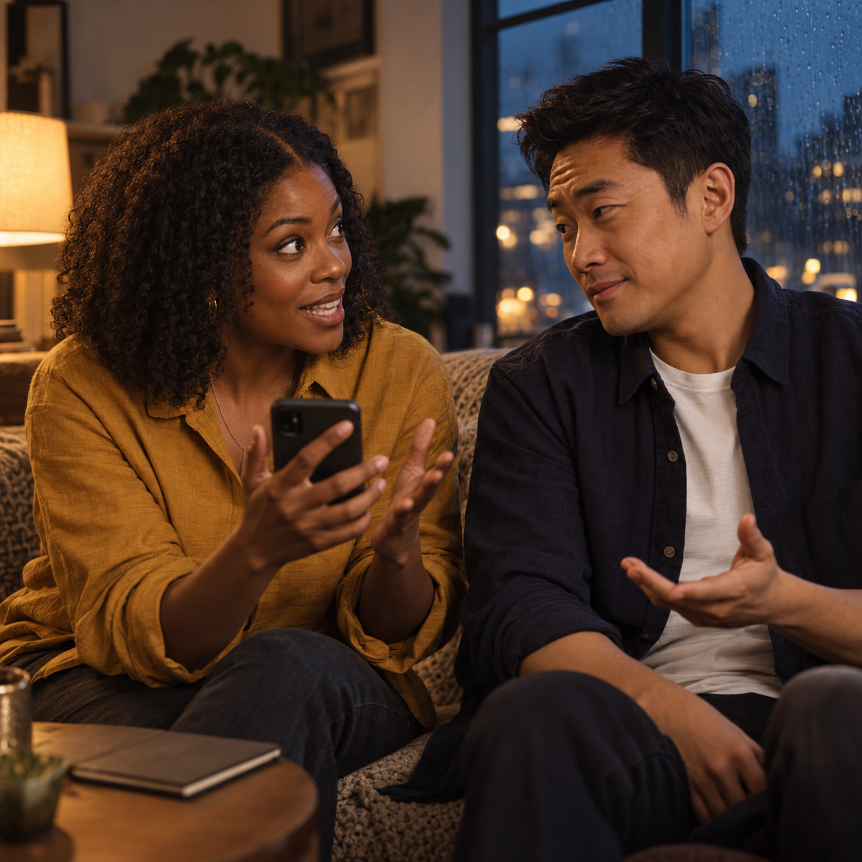 Fictional Maya and Ben discussing a headline on a rainy evening